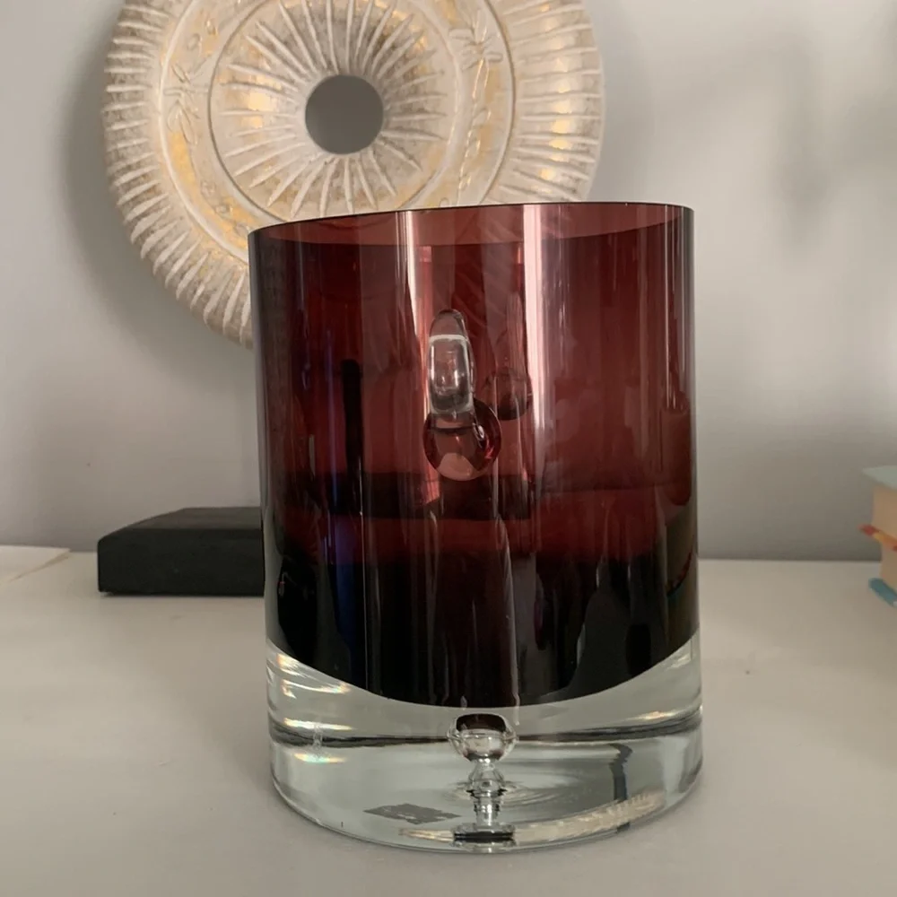 MCM Krosno Poland Block Art Glass With handles‎ Vase Purple Clear Base Bubble